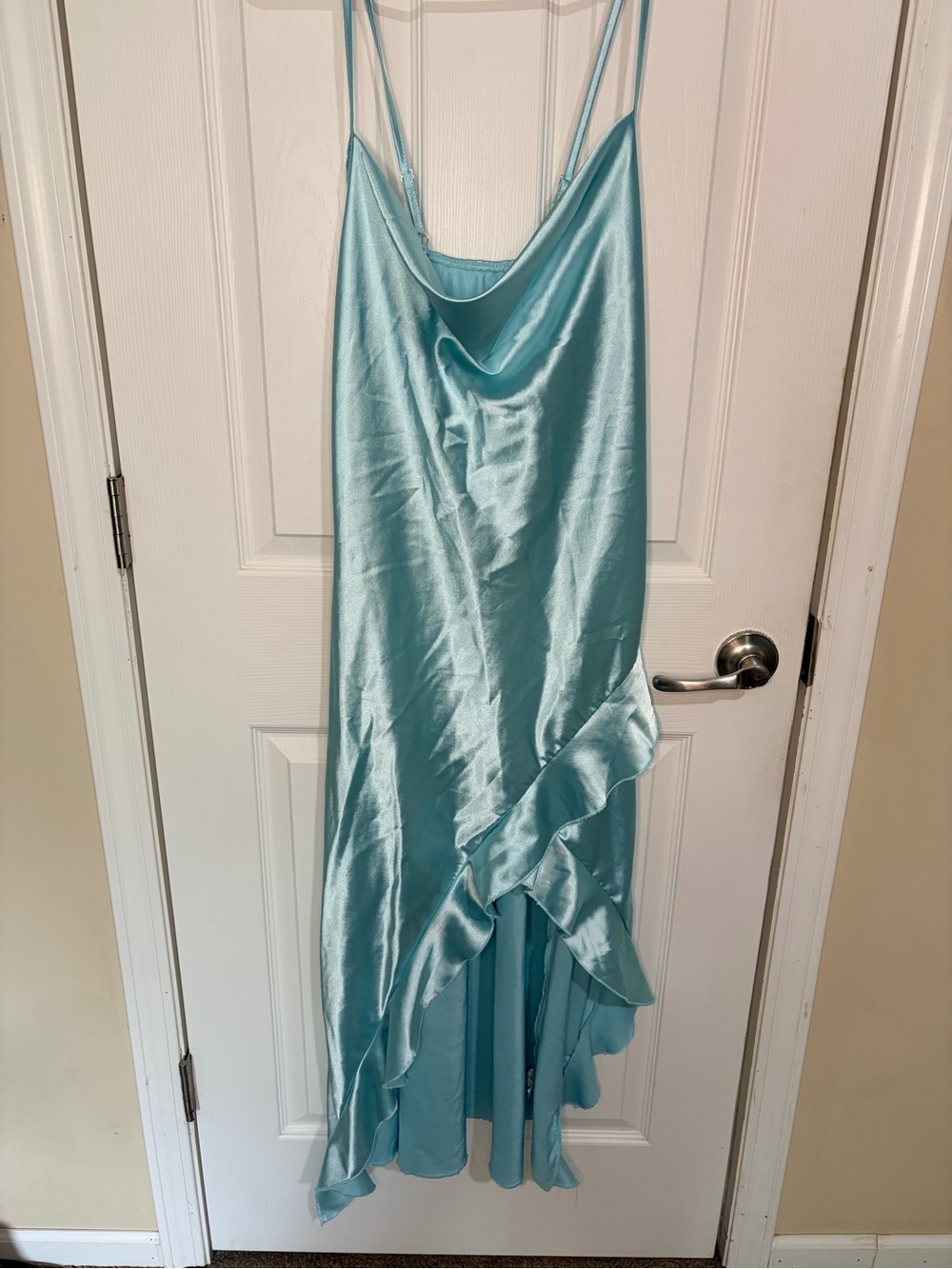 Satin Cowl Neck High-Low Slip Dress - Aqua Blue